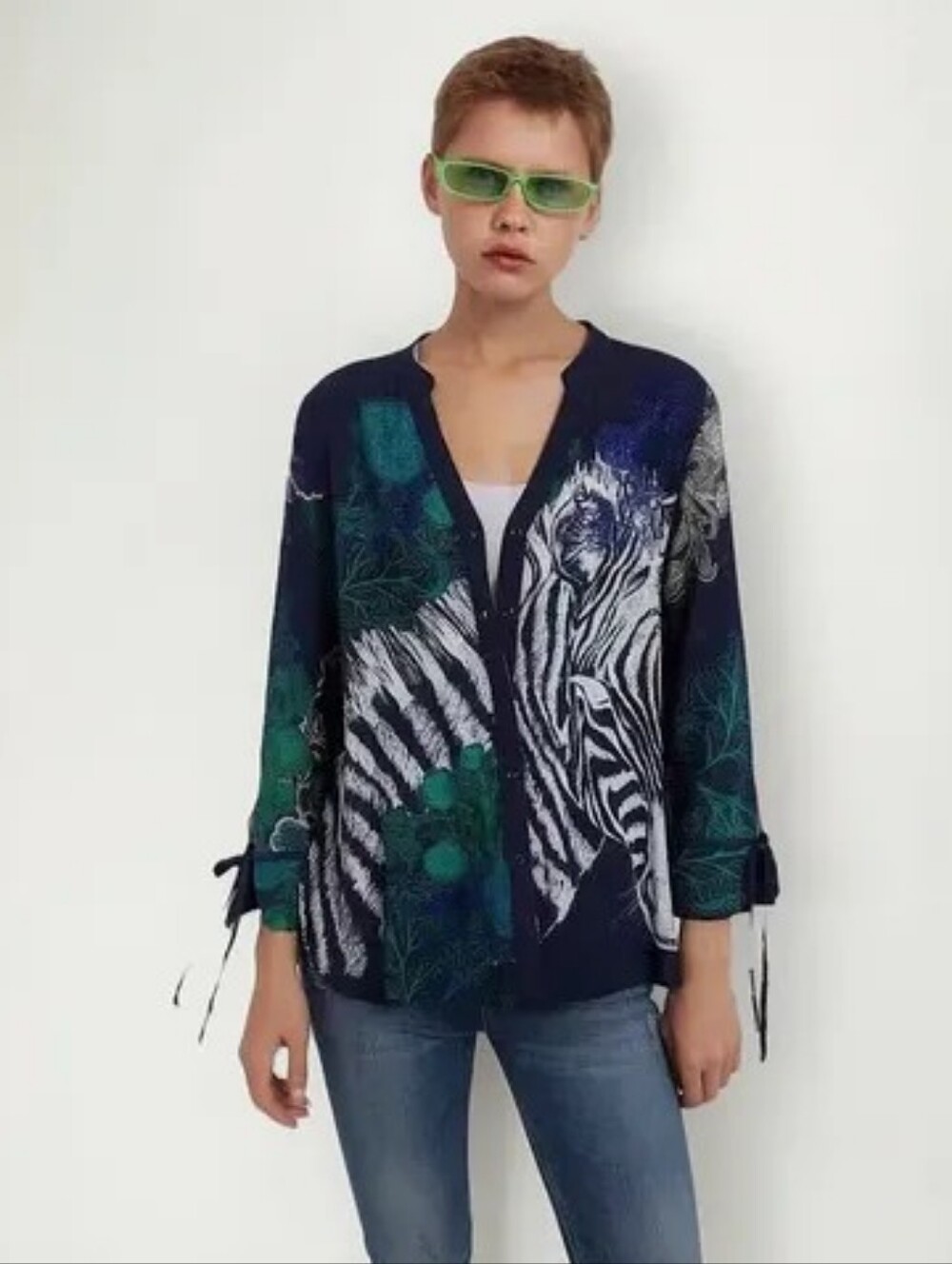 DESIGUAL Green Blue Zebra Floral Art To Wear Bohemian Casual Blouse Size Large